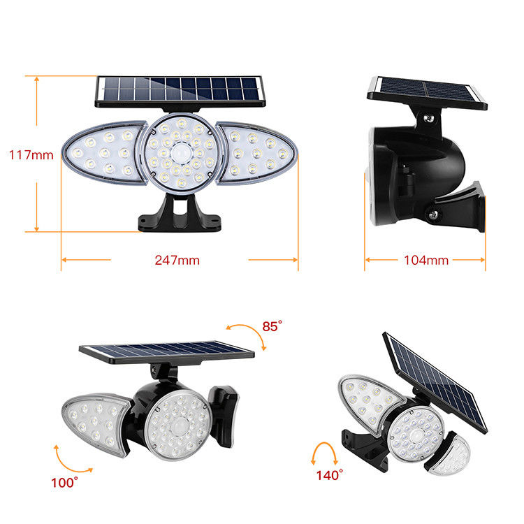 چراغ دیواری سنسور خورشیدی LED سه سر 100-400LM 38PCS برای مسیر
